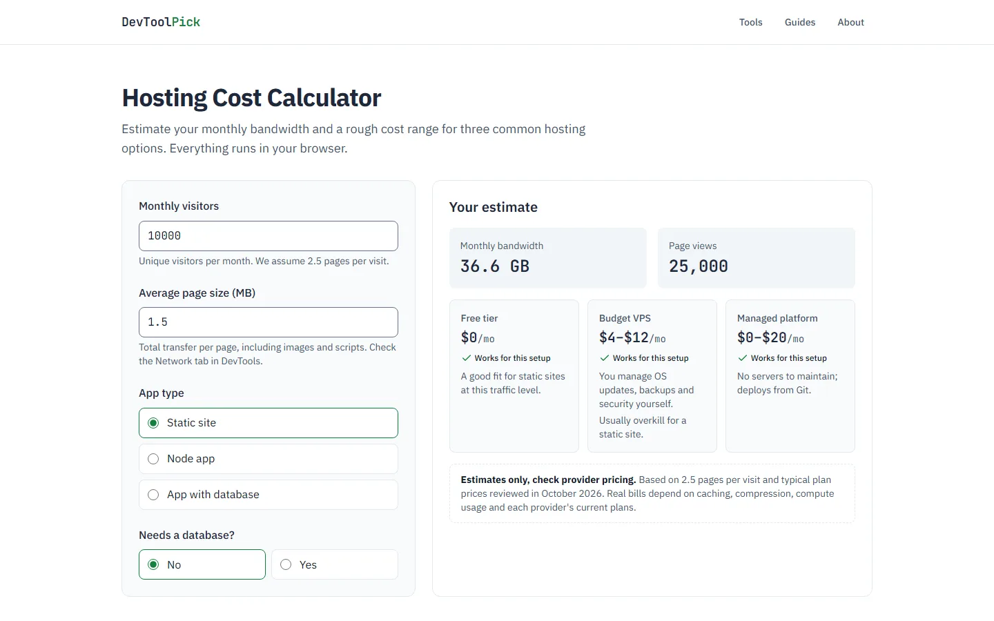 The Hosting Cost Calculator on DevToolPick with inputs for monthly visitors, page size and app type, and an estimate for three hosting tiers