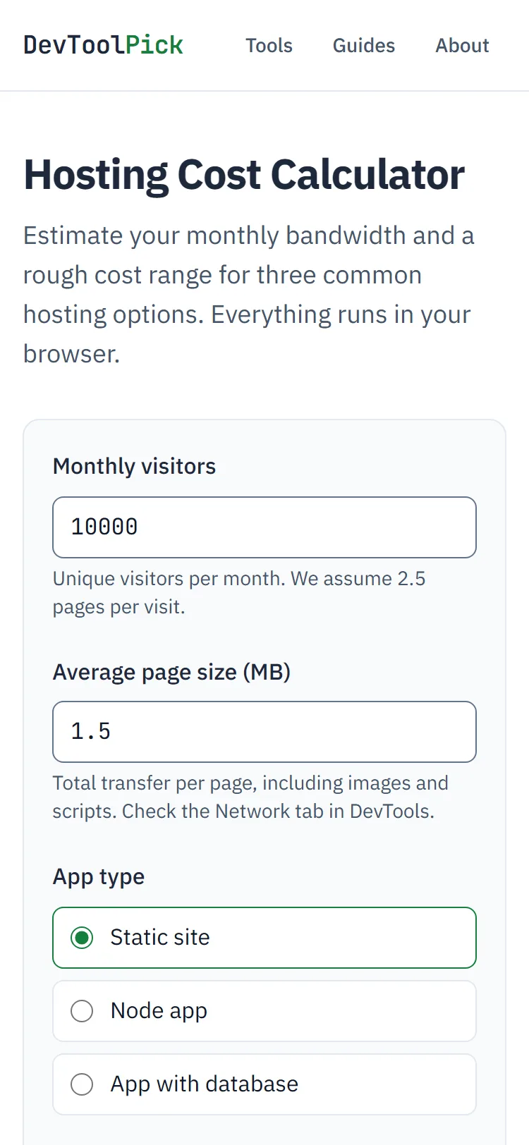 Hosting Cost Calculator on a phone