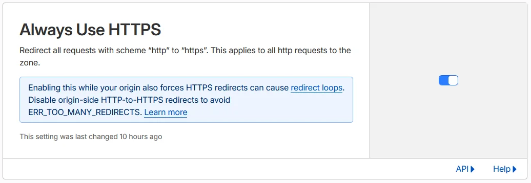 Cloudflare SSL/TLS Edge Certificates setting Always Use HTTPS switched on