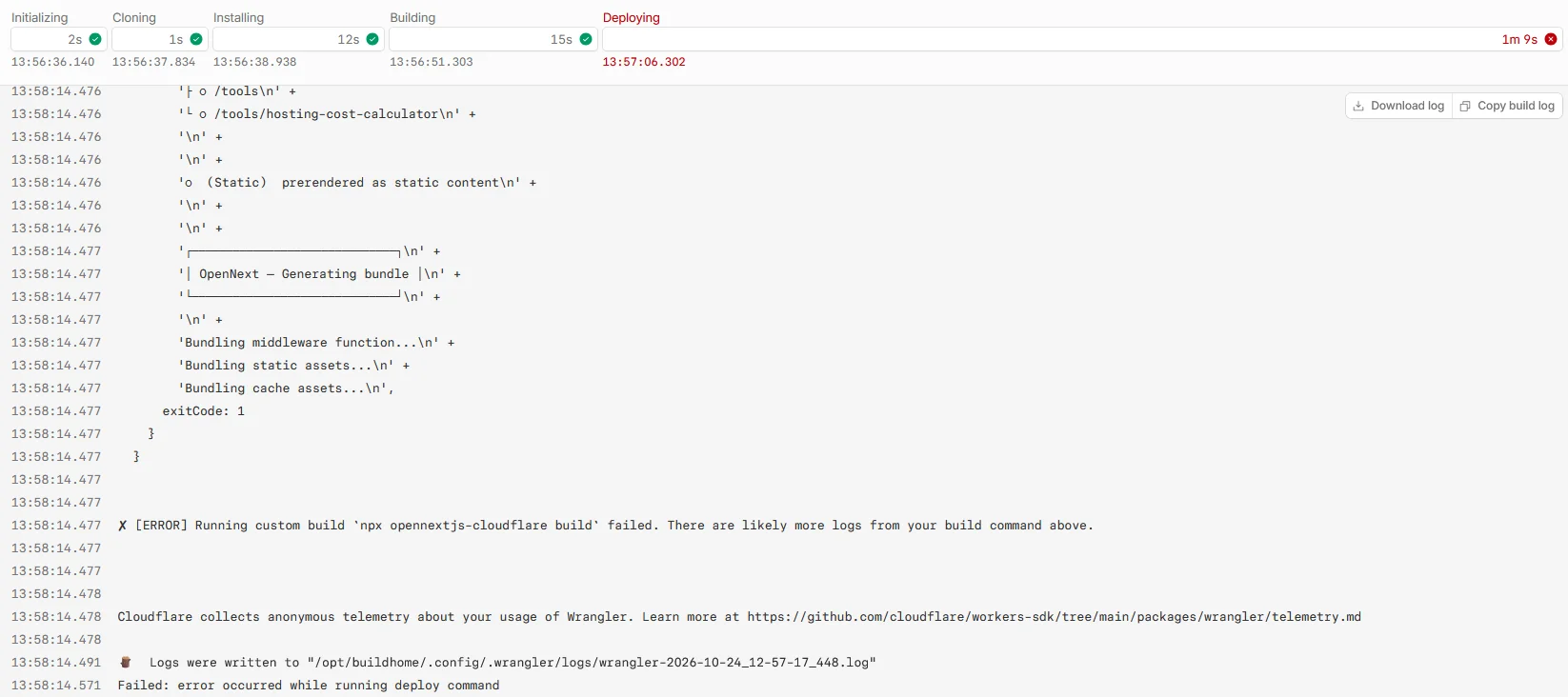 Cloudflare build log: Initializing, Cloning, Installing and Building succeeded, Deploying failed after OpenNext's Generating bundle step with the error Running custom build npx opennextjs-cloudflare build failed