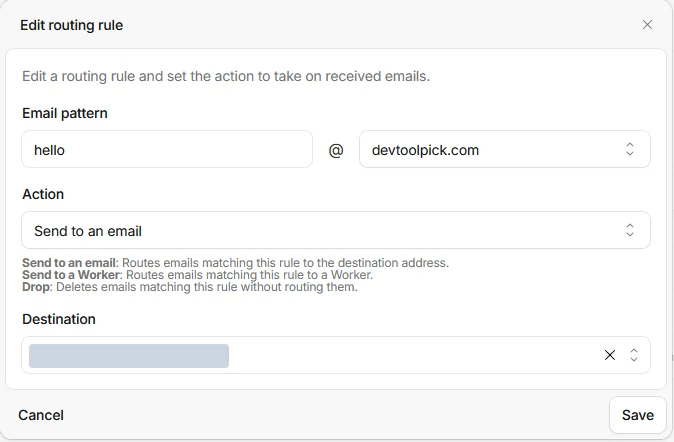 Cloudflare Email Routing rule: email pattern hello@devtoolpick.com, action Send to an email, destination address hidden