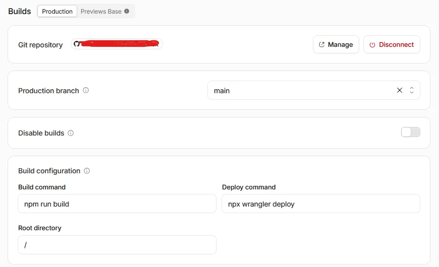 Cloudflare Worker build settings: production branch main, build command npm run build, deploy command npx wrangler deploy, root directory /
