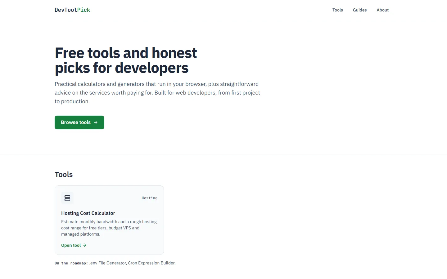 The DevToolPick home page, the site this guide deploys, at desktop width