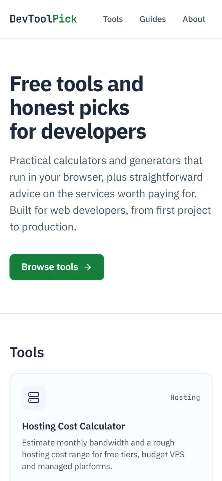 DevToolPick home page on a phone