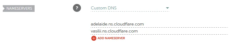 Namecheap Nameservers setting set to Custom DNS with adelaide.ns.cloudflare.com and vasilii.ns.cloudflare.com